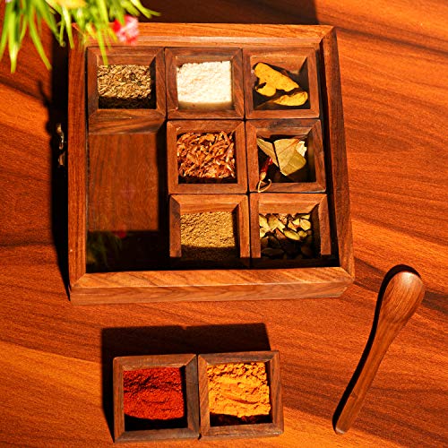 ADA Handicraft Pakka Sheesham Wood Masala Box with Transparent Top & Spoon | Home & Kitchen Wood Spice Box | Handmade Masala Dabba Containers Jars | 9 Partition 50ml Each Spice Box Holder - Brown