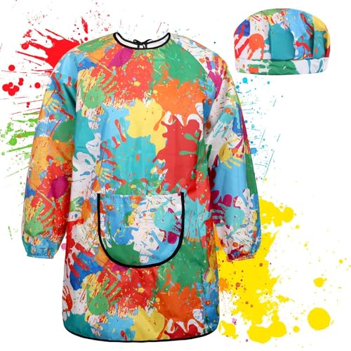 Huiguli Bata Pintura Niños con Sombrero, Niño Niña 6-12 Años L, Delantal Infantil con Bolsillo Manga Larga, Impermeable Delantal de Pintura para Pintar Manualidades Hornear, Ajustable