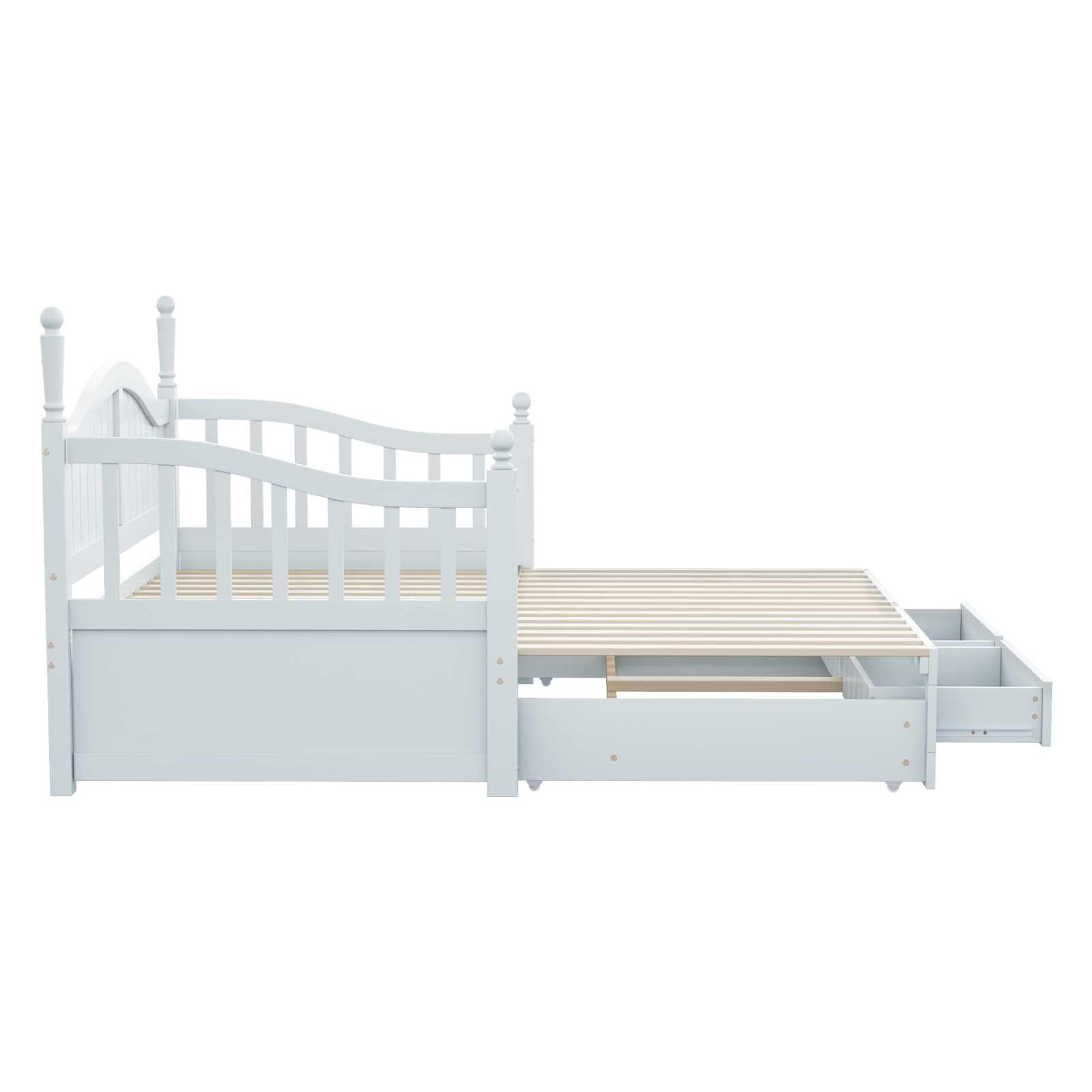 YEHTOKHOME 90/180x190 cm canapé-lit en Bois Massif Extensible avec 2 tiroirs, Multifonctionnel avec lit escamotable et sommier à Lattes, avec Dossier et accoudoirs(sans Matelas) (Blanc)