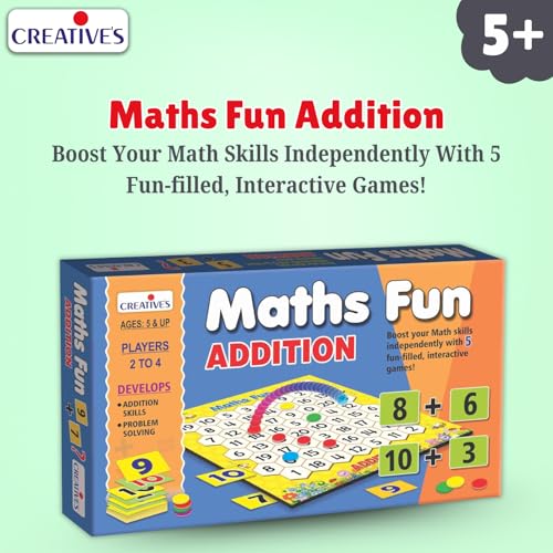 Image of Creative's Maths Fun Addition, 5-in-1 Maths Board Game, 60 Counters 4 Colours, 2 Sets 0-10 Play Cards, Five Addition Card Games Board Game, Build Addition Skills Ages 5+