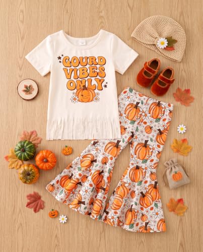 Image of Unique Baby 2 Piece Girls Bell Bottom Leggings Outfit with Short Sleeved Shirt Kid and Toddler Clothes Set