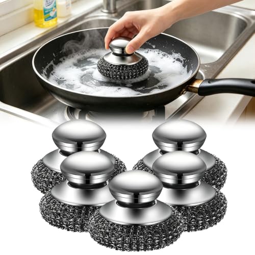 Image of Steel Wool Scrubber with Stainless Steel Handle for Cast Iron(5pcs) | Scouring Scrubber, For Pots and Pans, Grill and Stove Use, Sink Cleaning, 1 Piece