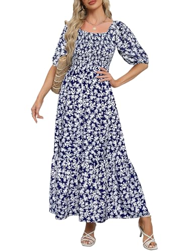 Image of Lyrur Summer Boho Smocked Maxi Dresses for Women Casual Puff Sleeve Square Neck A Line Tiered Ruffle Ankle Length Dress