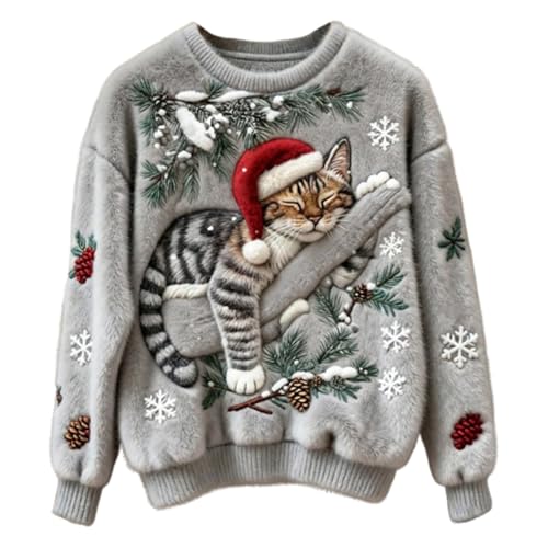 Weihnachtspullover Damen Lustig Katze Motiv - 3D Optik Druck...