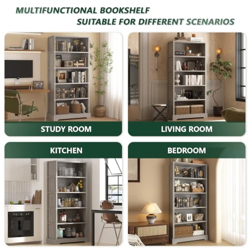 Image of TVU 5-Tier Wooden Bookshelf, 65 inch Tall Farmhouse Style Open Bookcase, 31.5 inch W Standing Book Shelf with Storage, Suitable for Study, Living Room, Office, Grey