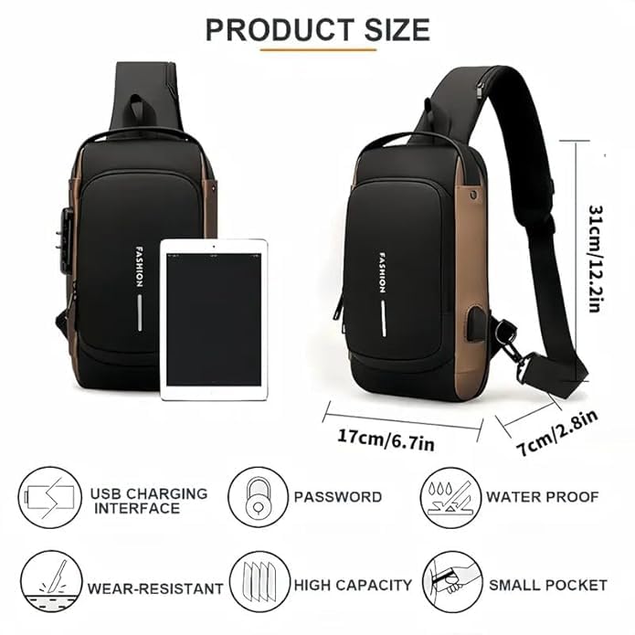 FASTUNBOX (LABEL) Waterproof Polyester Slim Unisex Crossbody Sling Bag Chest Backpack Men's Shoulder Bag, Leisure Travel Handbag, Hard Shell Anti-Theft Chest Bag (Green & Brown) 3