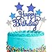 Happy Birthday Tortendeko Geburtstag, Kuchendeko Girlande Cake Torten Kuchen Topper, Silber Sterne Cupcake Tortenstecker für Junge Mann Mädchen Frau Kinder Geburtstag Taufe Party Glitzer Deko (Blau)