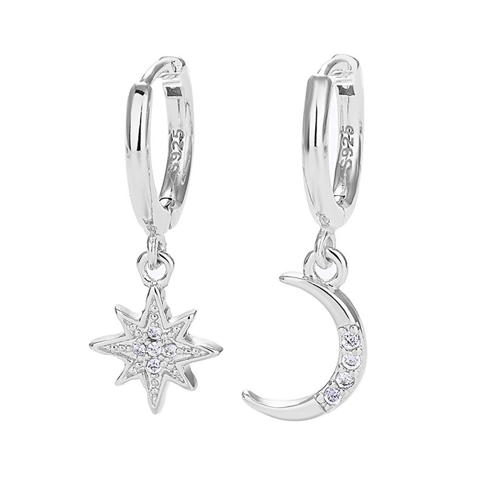 Ryaupy 1Par Aretes con Forma Argolla Star Moon Con pedrería - Pequeños Aretes Aro Encanto - Cristal Pendientes Colgantes para Mujer para Mujer o Niña