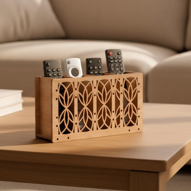 Image of Wooden Remote Holder for Table - 4 Slot Remote Organizer Caddy Decorative Laser Cut TV Remote Control Storage Stand for Coffee Table, Living Room & Office Size 7 x 5 x 2.5 Inches
