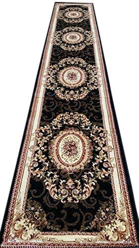 Deir Debwan Traditional Long Oriental Aubusson Floral Runner Area Rug Black Design 602 (31 Inch X 9 Feet 10 Inch, Black)