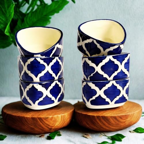 Image of Ceramic Handcrafted Bliss Dip Bowl |Blue & White |Set of 6 | Stoneware Snack, Dessert & Dip Bowls for Kitchen & Dining (50 ml Each)