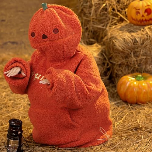 HUIFUAO Halloween-Sweatshirt für Damen, lustiger Kürbis-Kapuzenpullover, Neuheit, Halloween-Kostüme, Winter, flauschig, Fleece, Sherpa-Pullover, Teenager, Mädchen, langärmeliges Oberteil, Orange, M