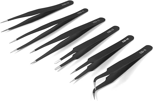 Miniatura 5 de Utoolmart Juego de pinzas de precisión, 6 en 1 de acero inoxidable antiestáticas industriales ESD, para soldadura electrónica, reparación de