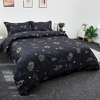Zodiac Bedding Double Size Set Constellation Moon Cloud Duvet Cover Black Gold Reversible Quilt Cover Microfiber Polyester Comforter Cover with Metal Zipper (1x Duvet Cover + 2 x Pillowcase)