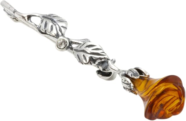 NATURAL BALTIC AMBER STERLING SILVER 925 BROOCH PIN ROSE Hand Craved Gemstone Amber Jewellery For Woman