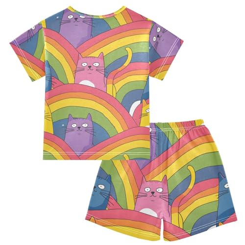 ALAZA Cat Rainbow Cartoon Pajamas Short Sleeve 2 Piece Sleepwear Top and Bottom Pajama Set Unisex2