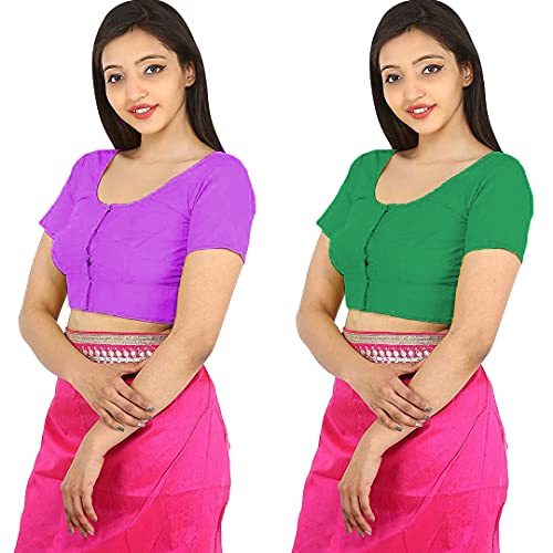 Image of Namita Women's Rubia Cotton Front Open Half Sleeve Blouse (U-COT-COM-2-LIGHTPURPLE-DARKGREEN-36 Light Purple, Dark Green 36)