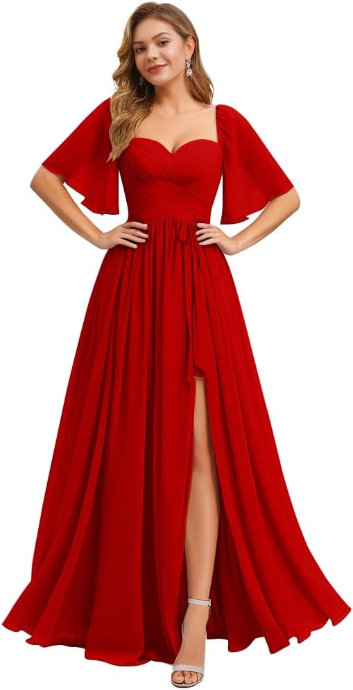 IIF Women's Chiffon Bridesmaid Dresses for Wedding Flutter Sleeves Ruched A Line Long Formal Dress with Slit IIF149
