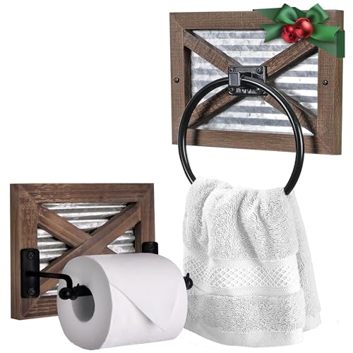 Autumn Alley Farmhouse Toilet Paper Holder and Rustic Towel Holder Set, Wall Mount, Rustic Wall Toilet Paper Holder and Bathroom Hand Towel Holder Decor, Wooden Brown