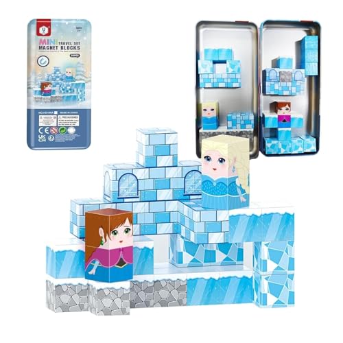 Image of Happy Hues Mini Magnetic Blocks Travel Set (38 Pcs) - Pixelated Ice Castle Cube Magnets with Storage Tin, STEM Building Toy Figures, Screen-Free Road Trip Travel Toy for Kids Ages 3+