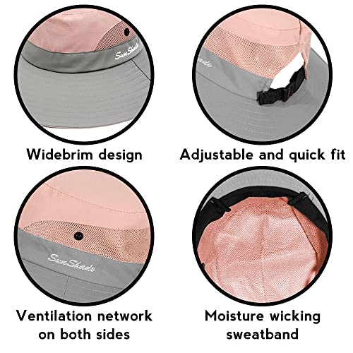 Womens Outdoor Sun Hat Breathable Packable Boonie Wide Brim Bucket Cap Fishing Hiking Ponytail Hole (Pink) #TOP4