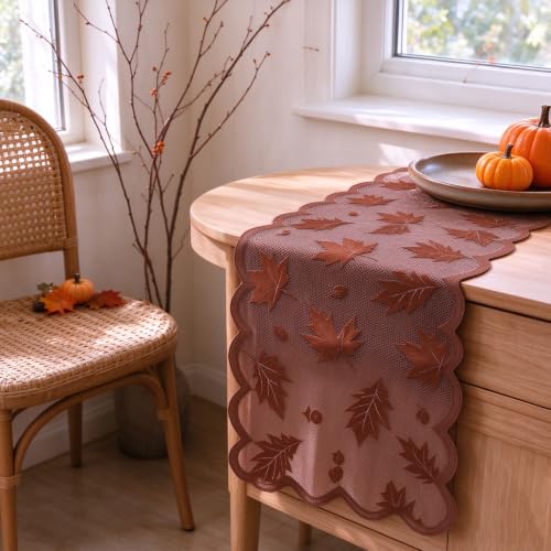 71x14in Thanksgiving Harvest Themed Lace Table Runner & Maple Leaf Prints - image 5