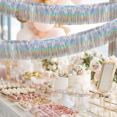 Image of 4 Packs 10 Feet Long Laser Silver Foil Fringe Garland Shiny Metallic Tinsel Wall Hanging Banner for Car Parade Birthday Parties Floats Wedding Baby Shower Ceremonies Bachelorette Garden Decorations