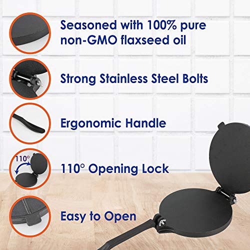 20.5cm Cast Iron Tortilla Press by StarBlue with FREE 100 Pieces Oil Paper and Recipes e-book - Tool to make Indian style Chapati, Tortilla, Roti - Image 2