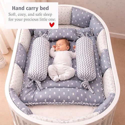 Image of Fareto Combo of Baby Bed with Net | Carry Bag | 4 Pcs Bedding Set (0-6 Months, Baby Size, Cotton) (Grey Crown)
