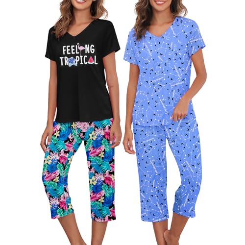 Image of American Trends 2 Pack Womens Pajama Sets Two Piece, Soft Cotton Blend Sleepwear V Neck Tops with Capri Pants Summer PJ Set
