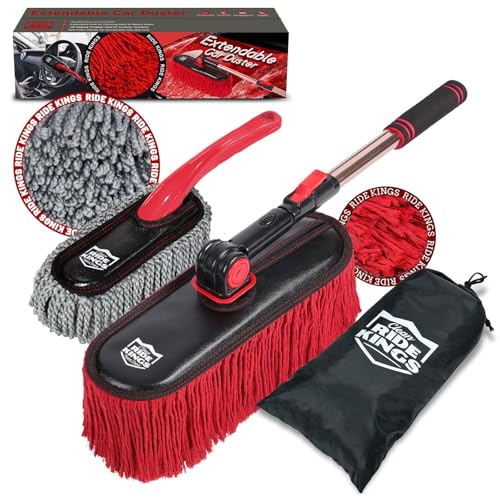 Image of Exterior Car Duster & Brush Kit - Extendable，Wax Cotton | Telescoping auto mop traps pollen scratch-free. Combo with inside detailing tools & bag. Gift for SUV, truck, motorcycle.