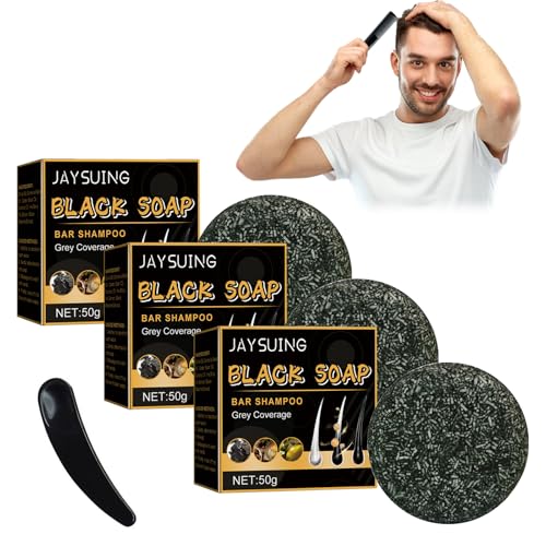 3 PCS Barra Anti-Canas Hombre,Jabón Gris Brillante Natural Que Promueve la Producción de Melanina,Jabón para El Cabello Contra Canas Que Restaura el Color Natural del Cabello