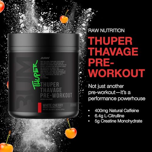 Image of RAW Thuper Thavage Pre Workout Powder - High-Stim Preworkout with Creatine, Beta Alanine, L-Citrulline & Caffeine - Chris Bumstead Gym & Fitness Supplement for Men & Women - White Cherry