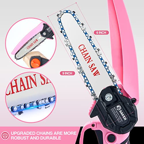 Image of Saker Mini Electric Chainsaw,6 Inch, Handheld Portable Chain Saw Pruning Shears Chainsaw Cordless for Tree Branches,Household and Garden(SAKER MINI CHAINSAW PINK + 2 BATTERIES + 3 CHAINS)