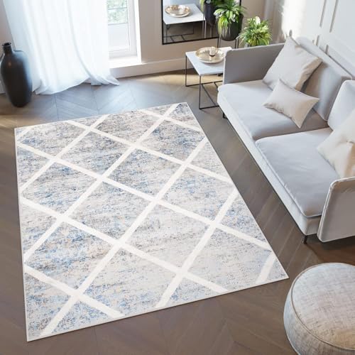 TAPISO Valley Alfombra Salón Dormitorio Moderno Griz Azul Crema Beige Cuadros Líneas Pelo Corto Suave 140 x 200 cm
