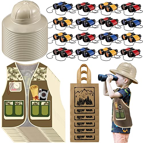 64 Pcs Kids Explorer Costume Set Include Plastic Explorer Hats Jungle Party Vest Safari Tote Bag 3 Color Adventure Binoculars for Kids Outdoor Activities Jungle Party Favors Birthday Supplies