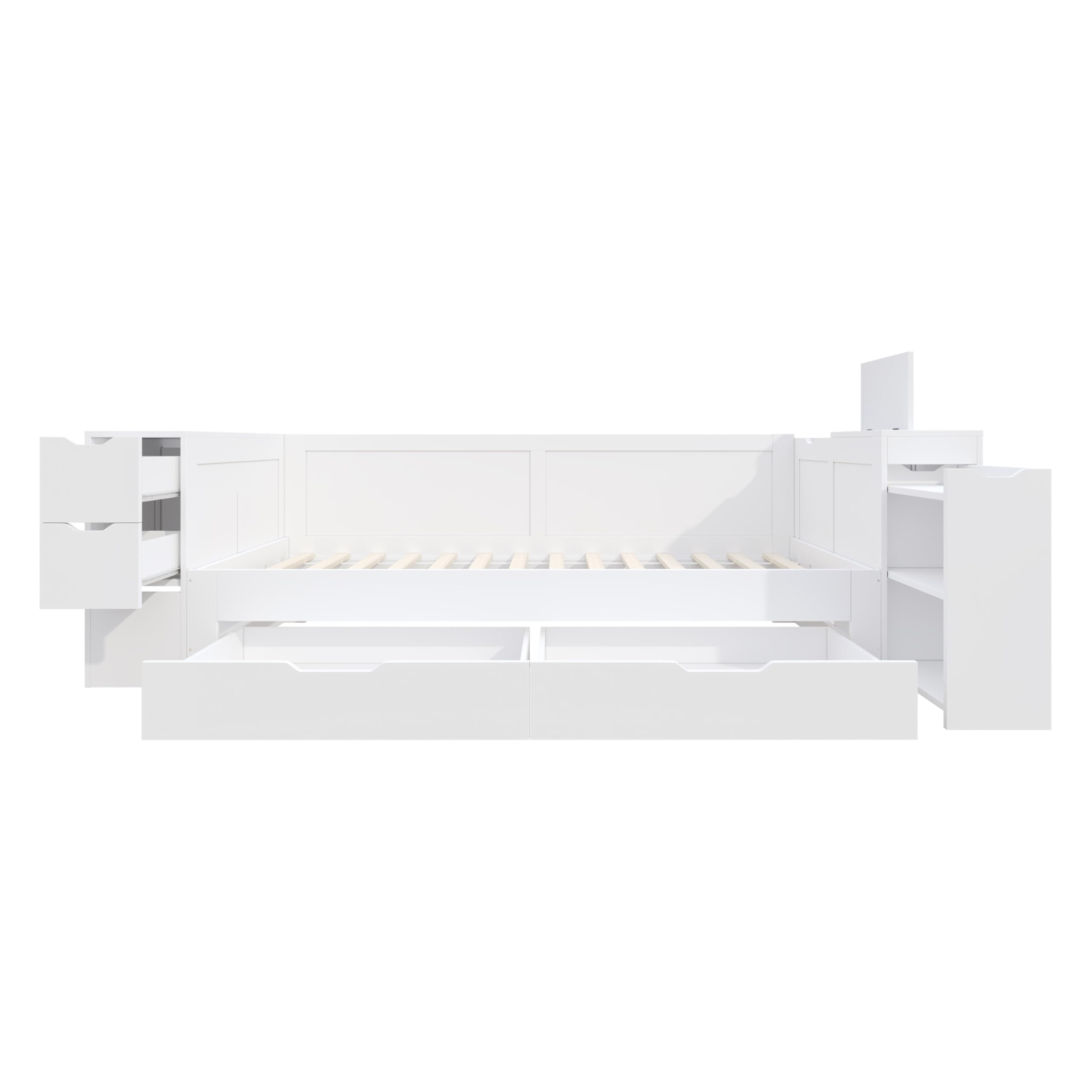 Letto singolo 90 x 200 cm, con comodino e libreria, divano letto con vano portaoggetti testiera e cassetti, letto con ripiano e rete a doghe, senza materasso, bianco
