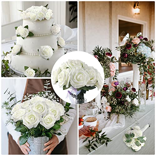 Luinabio 100 Pcs Artificial Flowers Real Looking Rose Flowers Foam Fake Roses with Leaves and Stems for DIY Wedding Bouquets Centerpieces Bridal Shower Party Home Decor(Ivory)