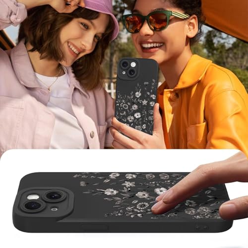Image of Designed for iPhone 15 Case Flower for Women Girls, Black | Cute Floral Pattern Liquid Silicone Phone Case [Full Camera Protection] Slim Soft TPU Protective Cover