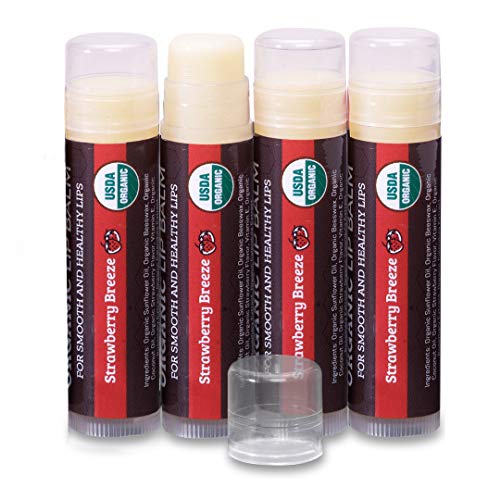 Usda Organic Lip Balm 4-Pack By Earth's Daughter - Strawberry Flavor, Beeswax, Coconut Oil, Vitamin E - Best Lip Repair Chapstick For Dry Cracked Lips. #TOP7