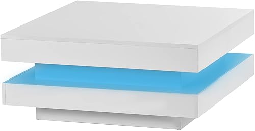 Miniatura 6 de Harper & Bright Designs Mesa de centro de alto brillo con luces LED de 16 colores, mesa de centro cuadrada de 2 niveles, mesa auxiliar de cóctel