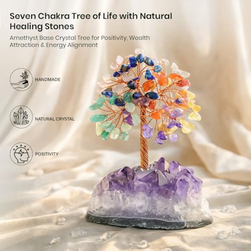 Image of Crocon 7 Chakra Crystals Tree of Life with Amethyst Cluster Base, Gift for Women Men Birthday Gifts MoM, Money Tree Feng Shui Good Luck Healing Crystals Home Decor Crystals and Healing Stones