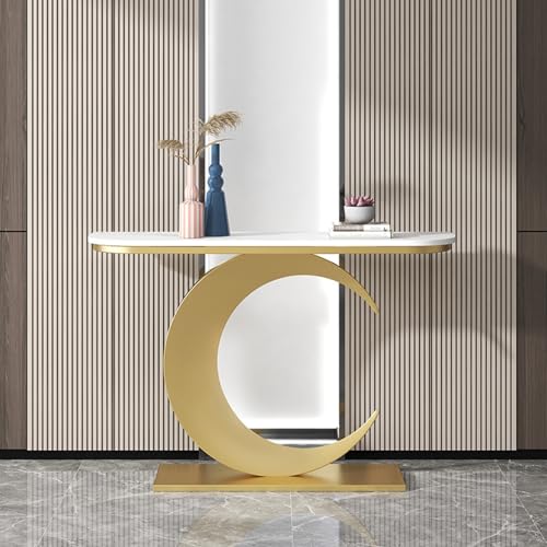 HARELA Mesa Auxiliar con Almacenamiento, Mesa de sofá con Estructura de Metal Resistente, Marco de Metal y diseño de Media Luna, Mesa Decorativa Estrecha para salón y Pasillo(Gold,150cm/59in)