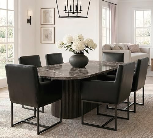 Image of HNY Mid Century Modern Upholstered Dining Chairs with Arms Set of 6, Faux Leather Accent Chairs with Black Finish Metal Frame, 19'' Wide Arm Chairs for Living Room Kitchen Bedroom, Black
