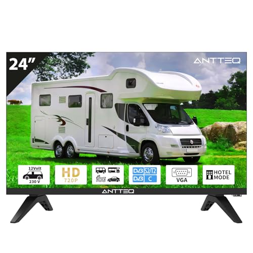 Antteq Televisore LED 24 Pollici (60 cm) HD con 12V – Senza Smart TV, Triple Tuner DVB-C/T2/S2, Modalità Hotel, Audio Dolby, SCART & CI+ – Ideale per Camper, Campeggio e Hotel