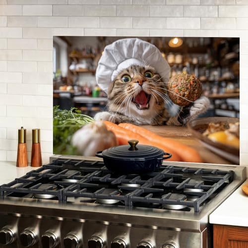 Image of Funny Chef Cat Kitchen Backsplash Peel and Stick, 35.4x23.6 in