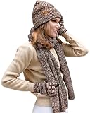 Womens Winter Knit Warm Hat Beanie Long Scarf Touch Screen Gloves Set Skull Caps Neck Scarves for Women Fleece Lined