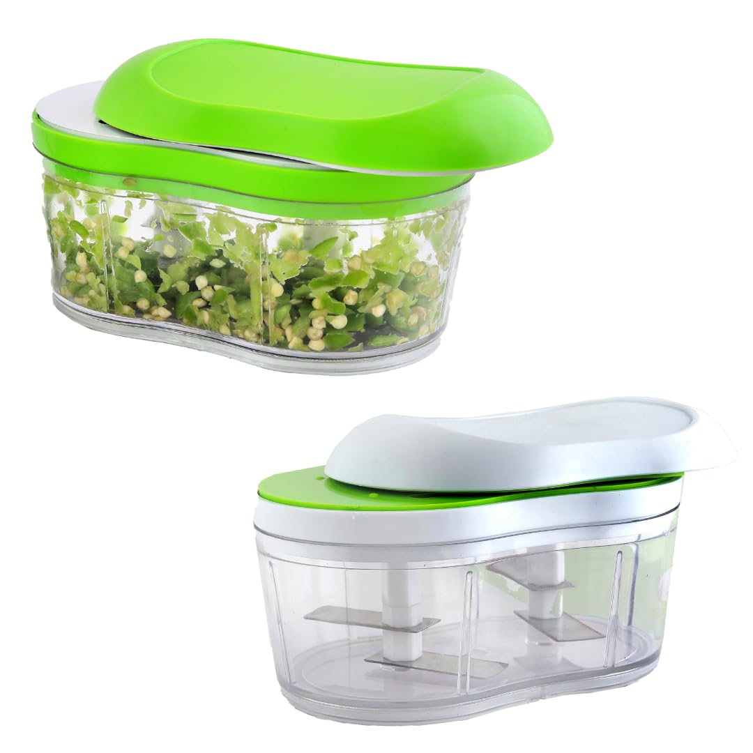 TRENDORA Vegetable Chopper for Kitchen Use - 4 Sharp Stainless Steel Blades Hand Push Chopping of Onion, Garlic, Fruits | Vegetable Cutter Kitchen Tool | 350ML Green & White