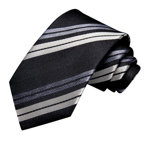 Image of Hi-Tie Formal Black Gray Striped Neckties for Men Classic Woven Ties and Pocket Square Lapel Pin Silver Tie Clip Cufflinks Set Wedding Business 6PCS