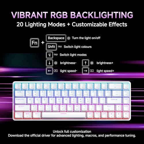 Image of DIERYA DK68 60% Wireless Mechanical Gaming Keyboard, 3-Mode, Bluetooth 5.0 /2.4G /USB-C, RGB Backlit, 68-Key Compact Mini for Windows, Mac, Linux - Linear Red Switch - White